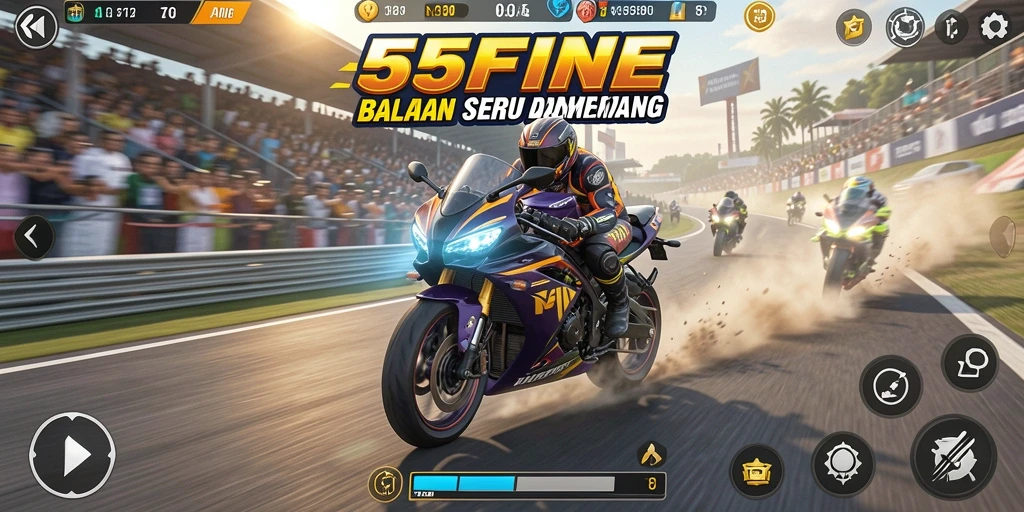 Screenshot gameplay 55FIVE yang menunjukkan balapan motor yang intens.