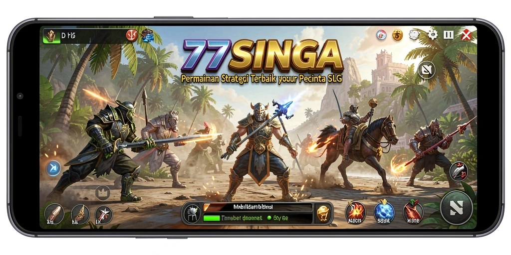 Screenshot utama menampilkan pertempuran strategis dalam 77SINGA.