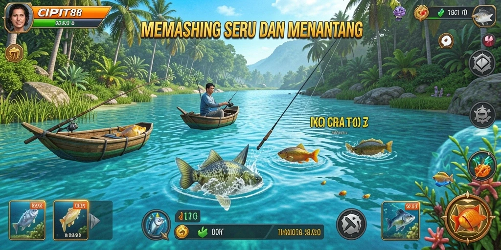 Screenshot utama CIPIT88 menunjukkan pemain menangkap ikan besar di danau.