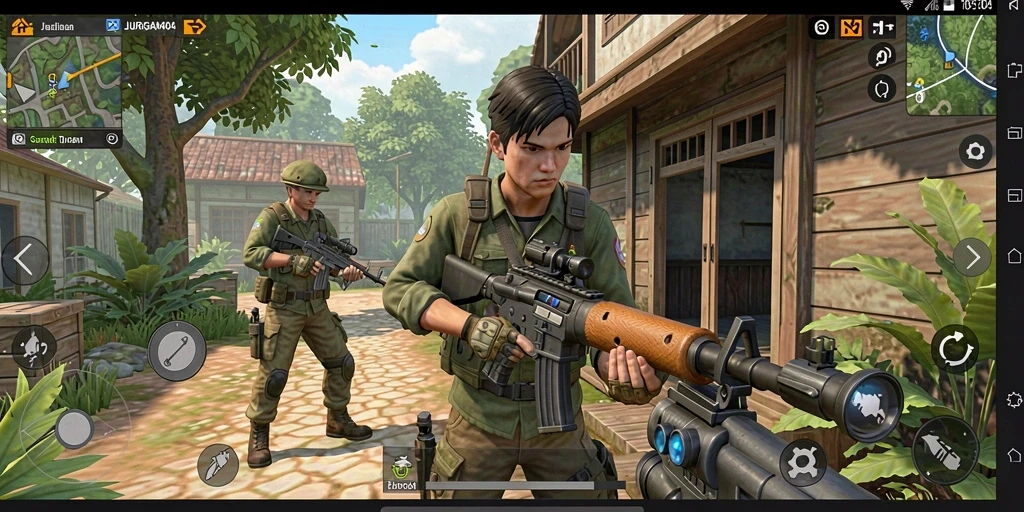 Tampilan gameplay seru dari JURAGAN404 dalam aksi TPS.