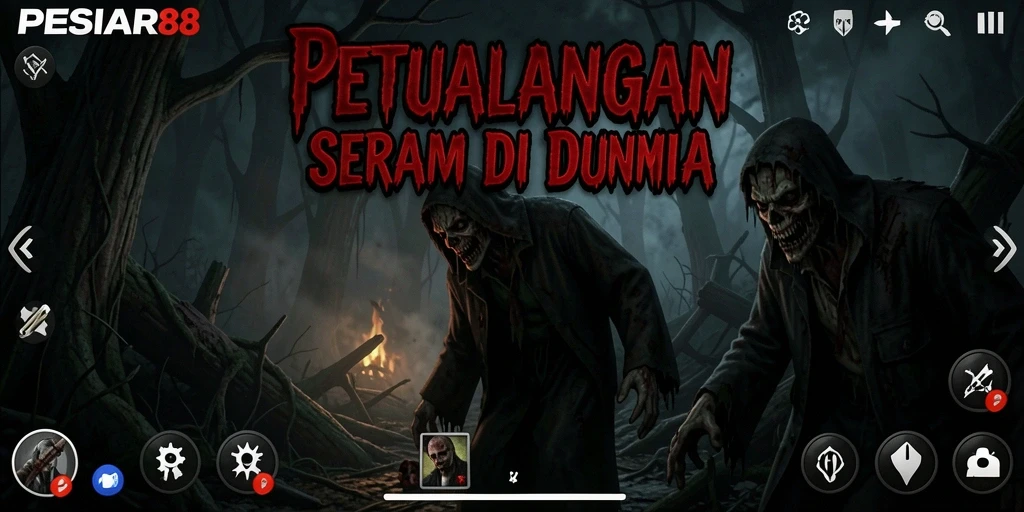 Screenshot utama PESIAR88 menunjukkan suasana horror yang mencekam.